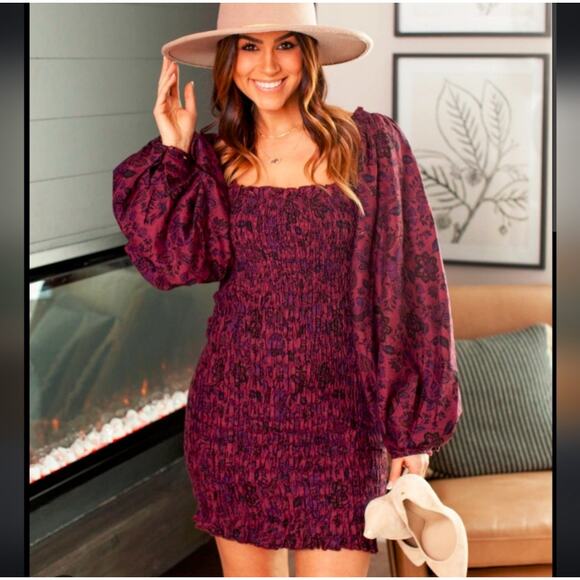 Free People Smock It To Me Long Sleeve Smocked Floral Mini Dress Small - Picture 3 of 12